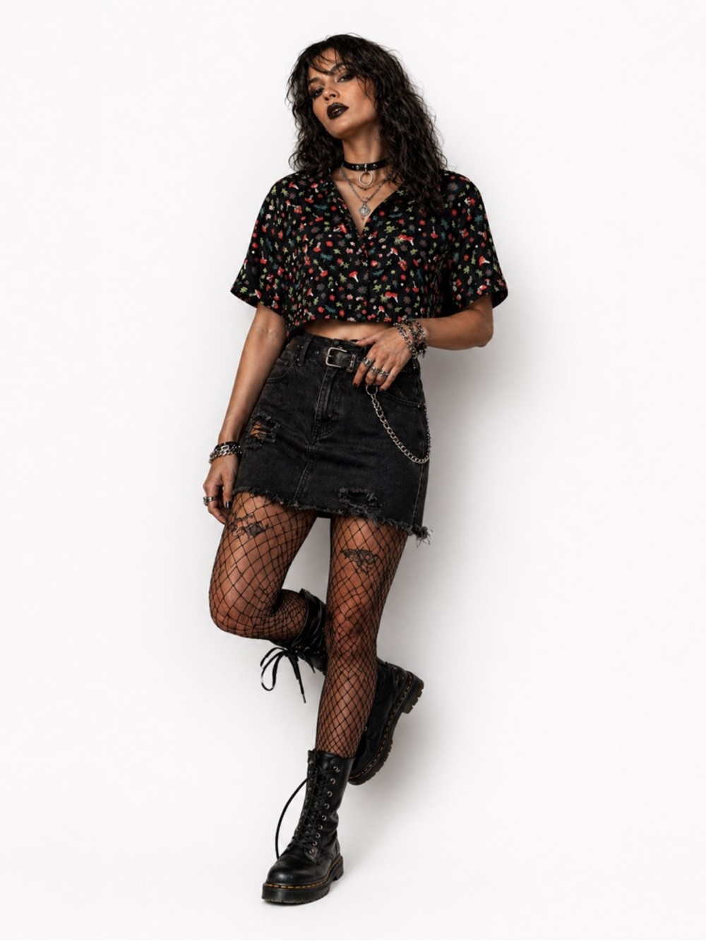 Hot Topic Y2K Mushroom Print Goth Grunge Cropped Button Front Shirt Size Medium